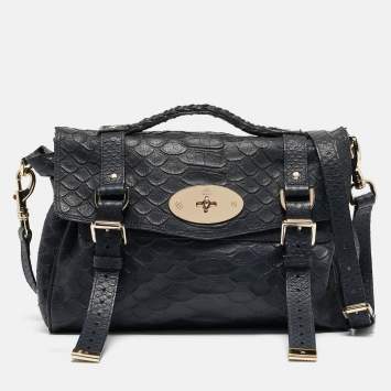 Pre Owned Mulberry Navy Blue Python Embossed Leather Alexa Satchel
