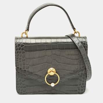 Pre Owned Mulberry Grey Croc Embossed Leather Medium Harlow Top Handle Bag