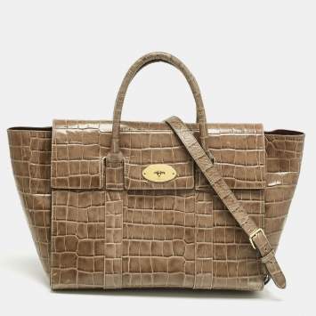 Pre Owned Mulberry Beige Croc Embossed Leather Medium Bayswater Satchel