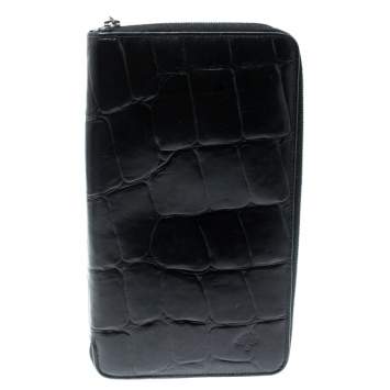 Pre Owned Mulberry Black Croc Embossed Leather Zip Around Wallet