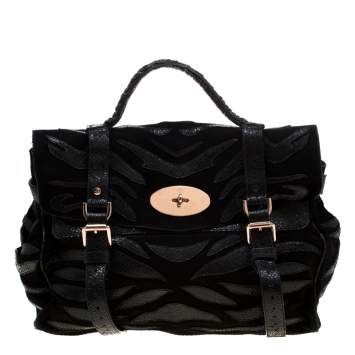 Pre Owned Mulberry Black Suede and Lizard Embossed Leather Alexa Satchel