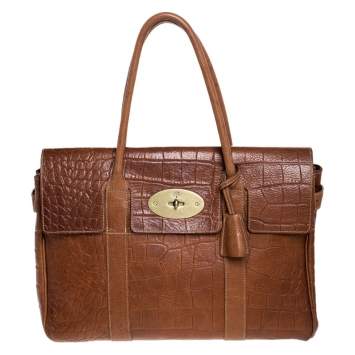 Pre Owned Mulberry Brown Croc Embossed Leather Bayswater Satchel