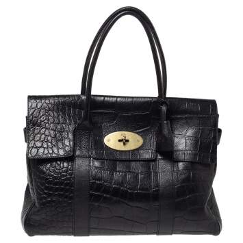 Pre Owned Mulberry Black Croc Embossed Leather Bayswater Satchel