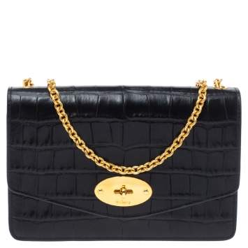 Pre Owned Mulberry Black Croc Embossed Leather Small Darley Crossbody Bag