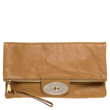 Pre Owned Mulberry Brown Leather Fold Over Turnlock Clutch