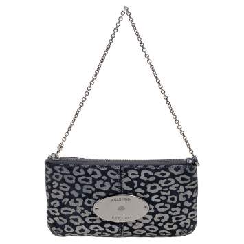 Pre Owned Mulberry Navy Blue/Silver Printed Suede Chain Wristlet Clutch