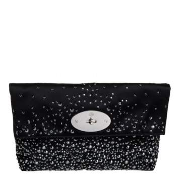 Pre Owned Mulberry Black Satin Embellished Clemmie Foldover Clutch