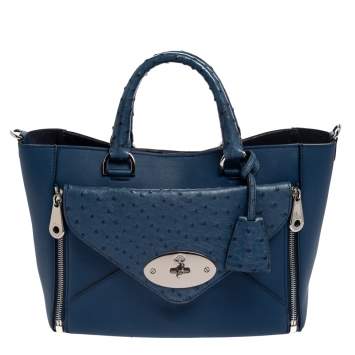 Pre Owned Mulberry Blue Leather And Ostrich Willow Tote