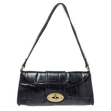 Pre Owned Mulberry Black Croc Embossed Leather Turnlock Flap Shoulder Bag
