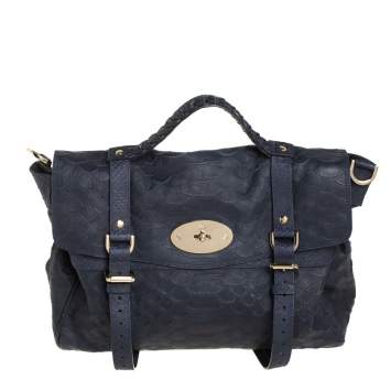 Pre Owned Mulberry Navy Blue Python Embossed Leather Oversized Alexa Satchel