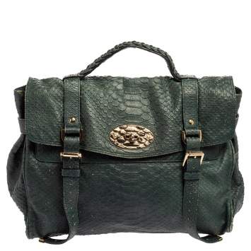 Pre Owned Mulberry Dark Teal Green Python Embossed Leather Oversized Alexa Satchel