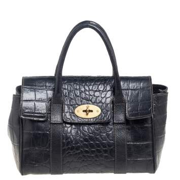 مملوكة مسبقًا Mulberry Black Croc Embossed Leather Bayswater Satchel