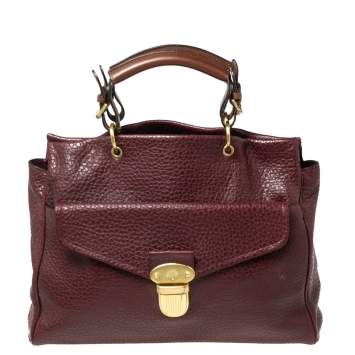 Pre Owned Mulberry Burgundy Grained Leather Polly Push Lock Tote