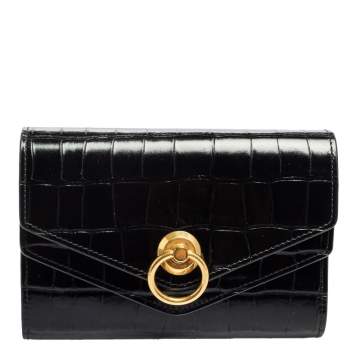 Pre Owned Mulberry Black Croc Embossed Glazed Leather Harlow Compact Wallet
