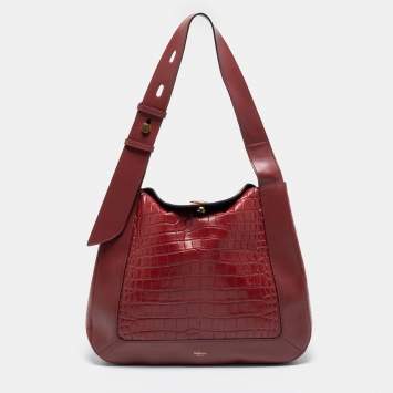 Pre Owned Mulberry Burgundy Croc Embossed Leather Marloes Hobo   