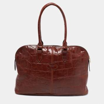 Pre Owned Mulberry Brown Croc Embossed Leather Bolide Satchel