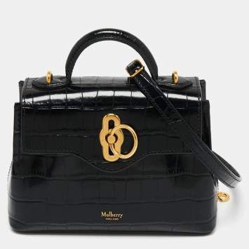 Pre Owned Mulberry Black Croc Embossed Leather Micro Seaton Top Handle Bag