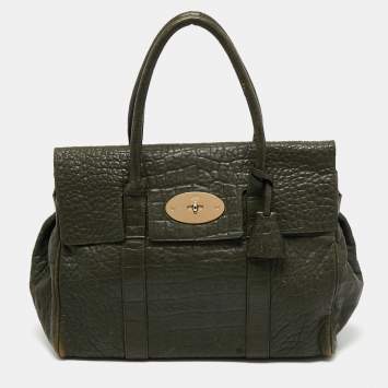 Pre Owned Mulberry Olive Green Croc Embossed Leather Bayswater Satchel