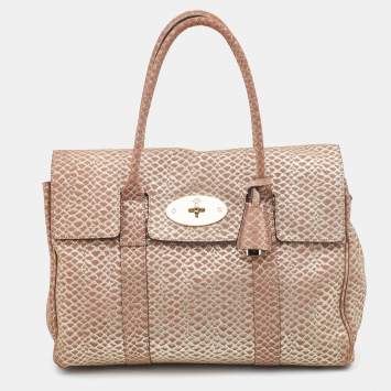 Pre Owned Mulberry Metallic Gold/Beige Snake Embossed Suede Bayswater Satchel