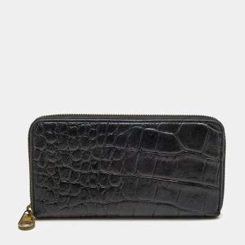 Pre Owned Mulberry Black Croc Embossed Zip Around Continental Wallet