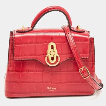 Pre Owned Mulberry Dark Pink Croc Embossed Leather Micro Seaton Top Handle Bag