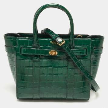 Pre Owned Mulberry Green Croc Embossed Leather Mini Zipped Bayswater Tote