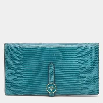 Pre Owned Mulberry Teal Lizard Embossed Leather Tree Long Wallet