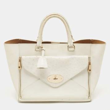 Pre Owned Mulberry White Ostrich Embossed and Leather Willow Tote