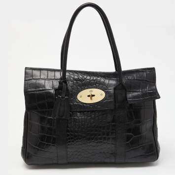 Pre Owned Mulberry Black Croc Embossed Leather Bayswater Satchel