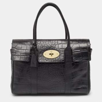 Pre Owned Mulberry Black Croc Embossed Leather Bayswater Satchel