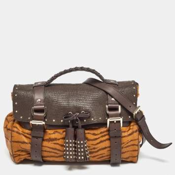 Pre Owned Mulberry Two Tone Brown Tiger Print/Lizard Embossed Calf Hair and Leather Studded Tassel Alexa Satchel