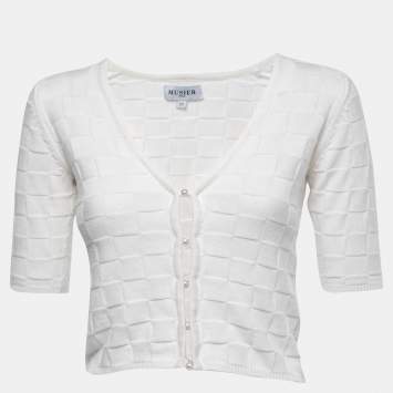 Pre Owned Musier Paris White Checkered Knit Cielo Faux Pearl Button Front Cardigan S