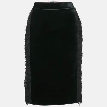 Pre Owned Nº21 Black Silk and Velvet Ruffled Pencil Skirt M