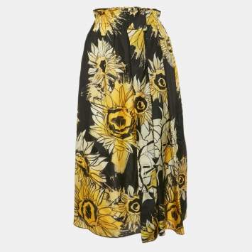 Nº21 Black Sunflower Print Silk Ruffled Midi Skirt M