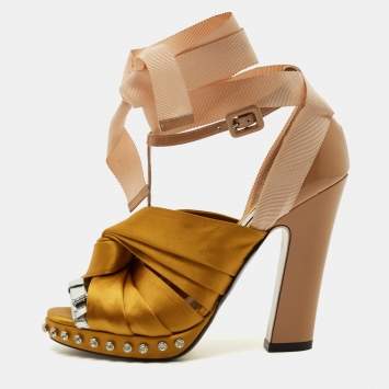 Pre Owned N21 Beige Patent Leather and Satin Peep Toe Ankle Strap Sandals Size 39.5