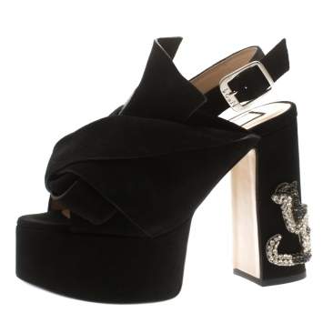 Pre Owned N21 Black Suede Embellished Knot Platform Block Heel Ankle Strap Sandals Size 36