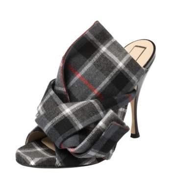Pre Owned N°21 Grey Check Fabric Bow Mules Sandals Size 40