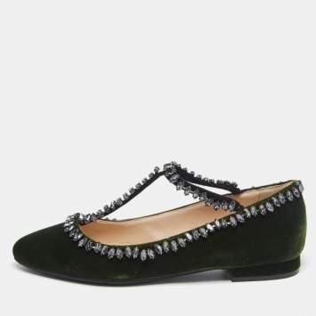 Pre Owned N21 Dark Green Velvet Crystal Embellished T-Bar Ballet Flats Size 36