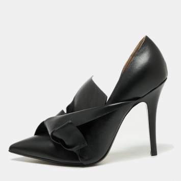 Pre Owned N21 Black Leather Knot D'orsay Pointed Toe Pumps Size 38.5