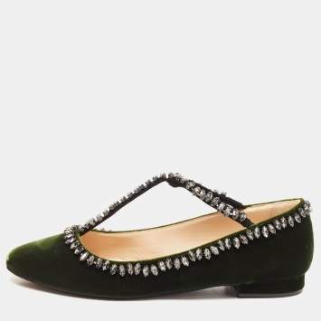 Pre Owned N21 Dark Green Velvet Crystal Embellished T-Bar Ballet Flats Size 38
