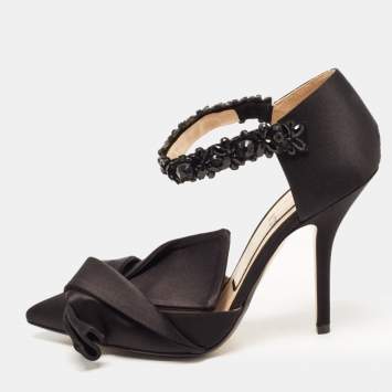 Pre Owned Nº21 Black Satin Crystal Embellished Ankle Strap Sandals Size 38.5