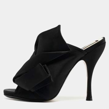 Pre Owned N21 Black Satin Knot  Pointed Toe Slide Sandals Size 38