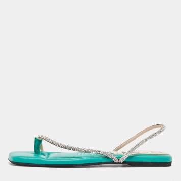 Pre Owned N21 Green Leather Crystal Embellished Slingback Sandals Size 38.5