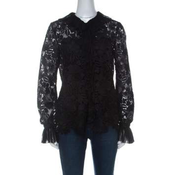 Pre Owned N21 Black Guipure Lace Pleated Ruffle Detail Long Sleeve Top S