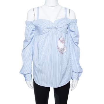 Pre Owned N21 Light Blue Striped Cotton Embroidered Off Shoulder Top S