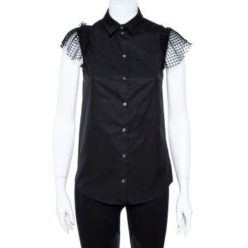 Pre Owned N21 Black Cotton Grid Lace Paneled Feather Trim Shirt XS