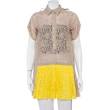 Pre Owned N21 Beige & Yellow Paneled Lace Pleated Detail Button Tunic S