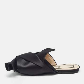 Pre Owned Nº21 Black Satin Knot Embellished Flat Slides Size 38