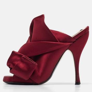 Pre Owned Nº21 Burgundy Satin Knotted Bow Mules Size 35
