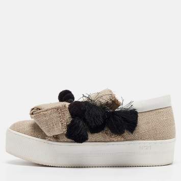 Pre Owned Nº21 Beige Jute Bow Slip On Sneakers Size 38